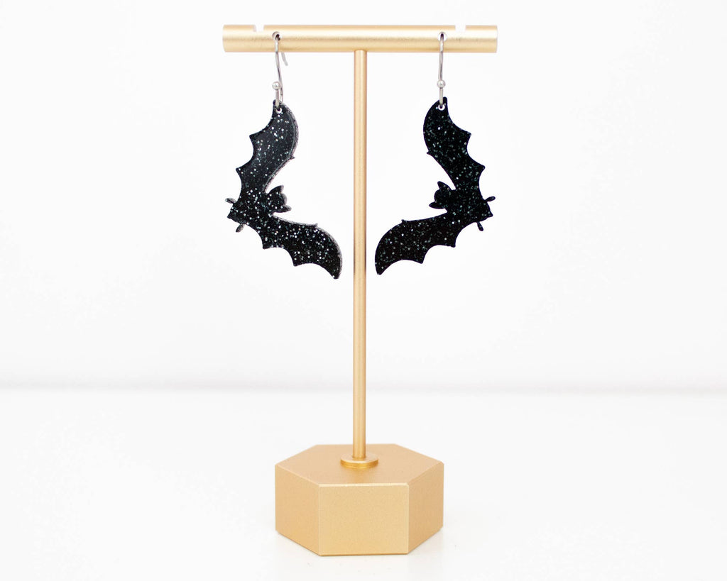 Bat Black Glitter Acrylic Halloween Earrings