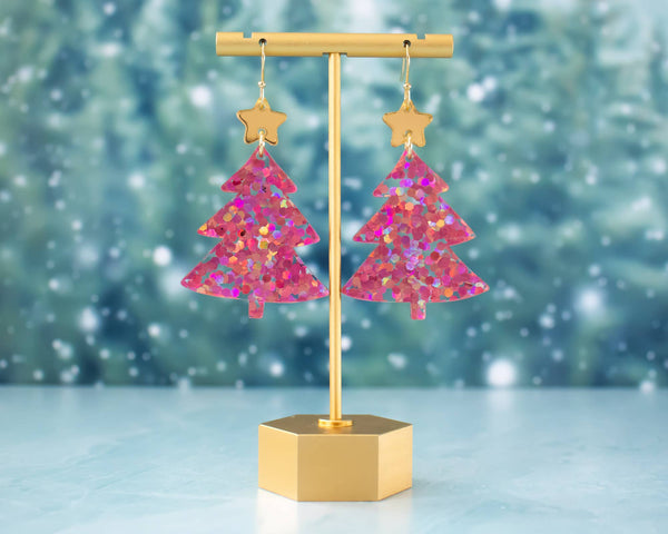 Pink Christmas Tree Earrings Glitter Holiday Dangle