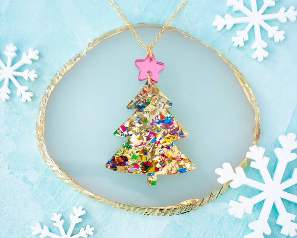 Gold Christmas Tree Glitter Necklace 16K Gold Plated Pendant