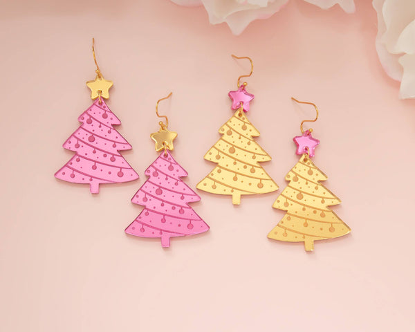 Christmas Tree Holiday Acrylic Earring Dangles - Pink