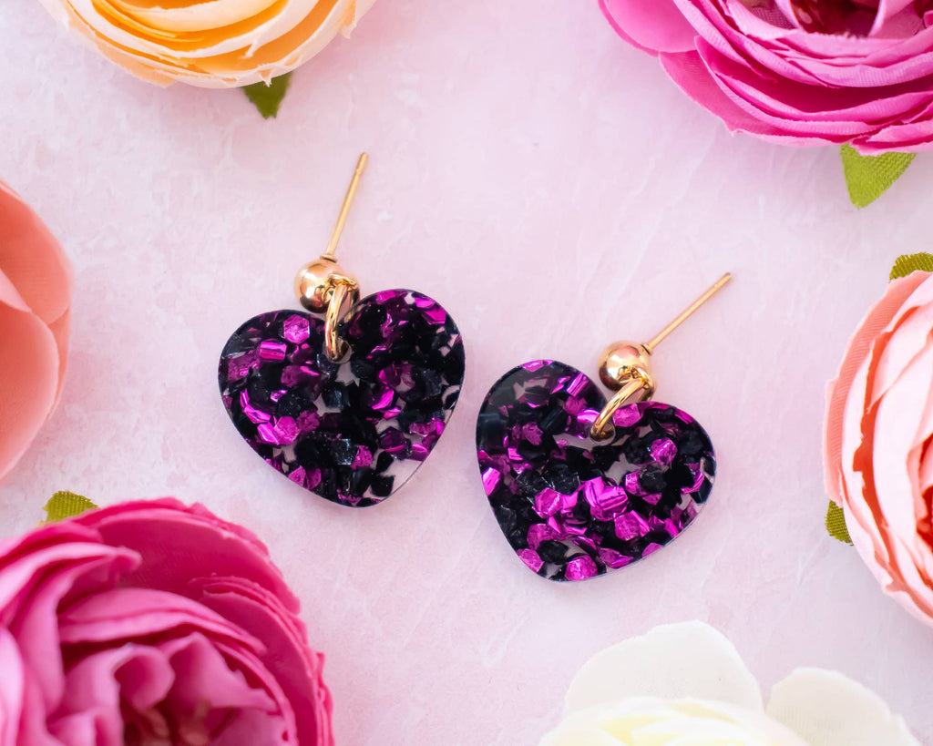 Small Black + Pink Heart Earrings