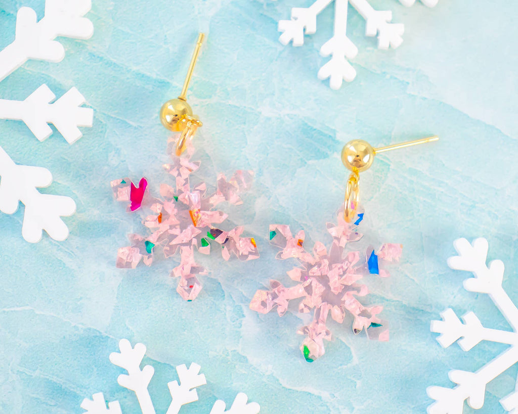 Small Pink Snowflake Earrings, Glitter Winter Dangles