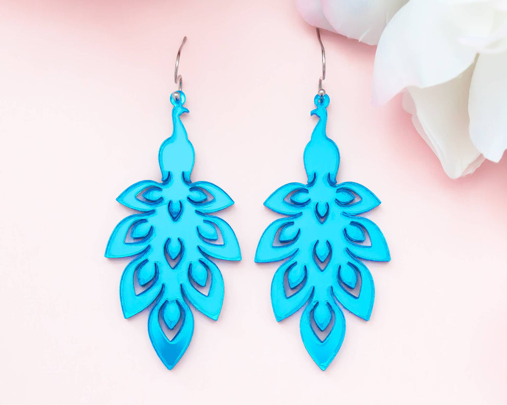 Peacock Earrings, Blue Mirror Acrylic Dangles, Handmade