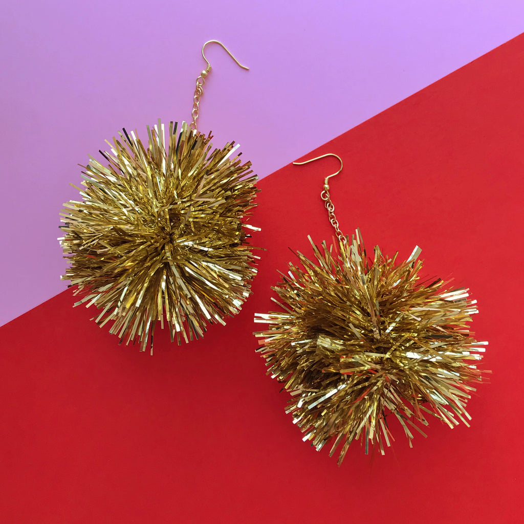 Golden Ticket Tinsel Pom Earrings