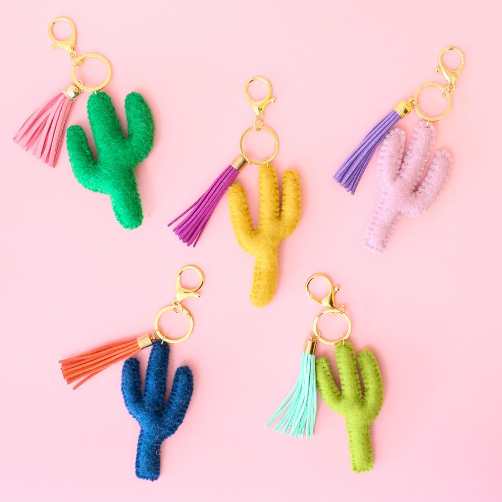 Felted Cactus Tassel Keychain - Pink With Purple Tassel