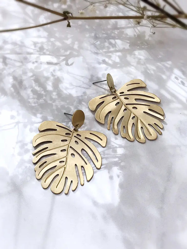 Monstera Leaf Earrings - Brass