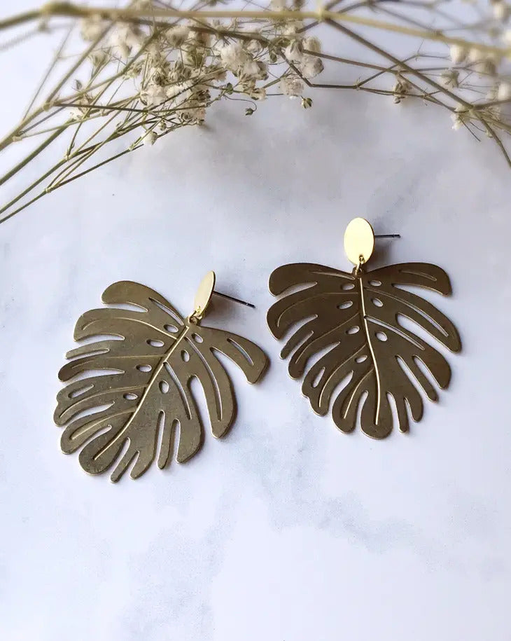 Monstera Leaf Earrings - Brass