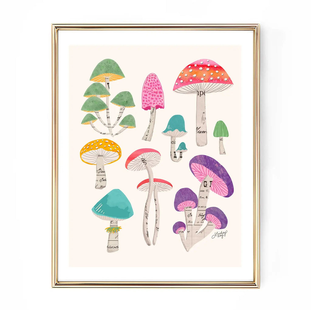 Colorful Mushrooms Collage Illustration - Art Print
