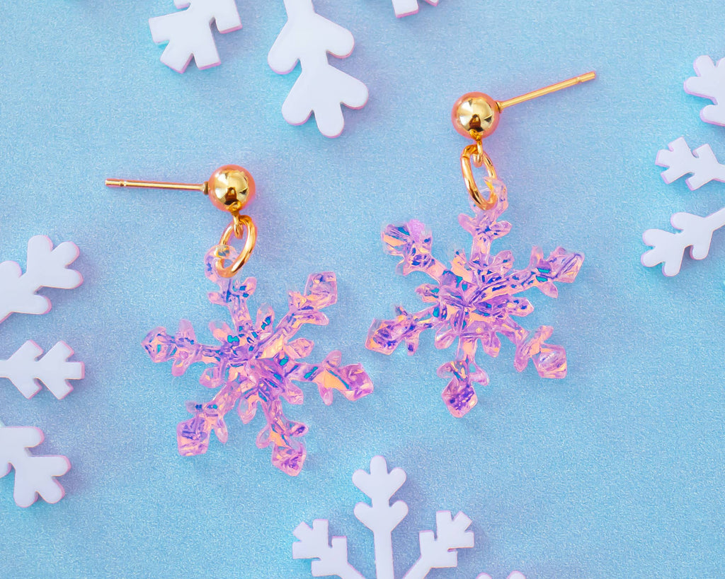 Small Snowflake Earrings, Holographic Winter Holiday Jewelry