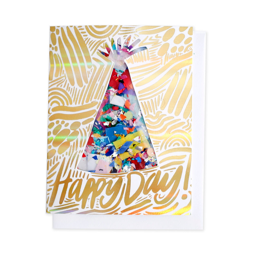 Happy Day Confetti-Filled + Holographic Gold Foil Card