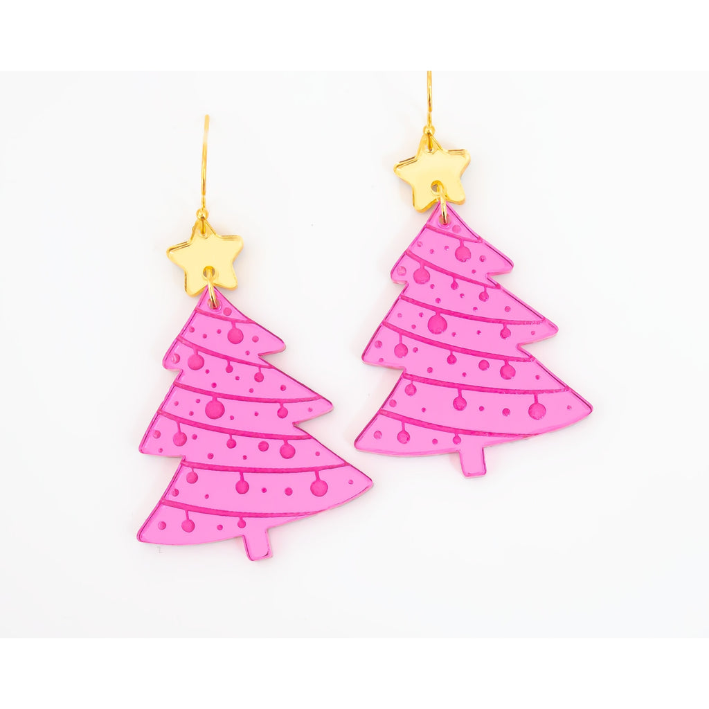 Christmas Tree Holiday Acrylic Earring Dangles - Pink